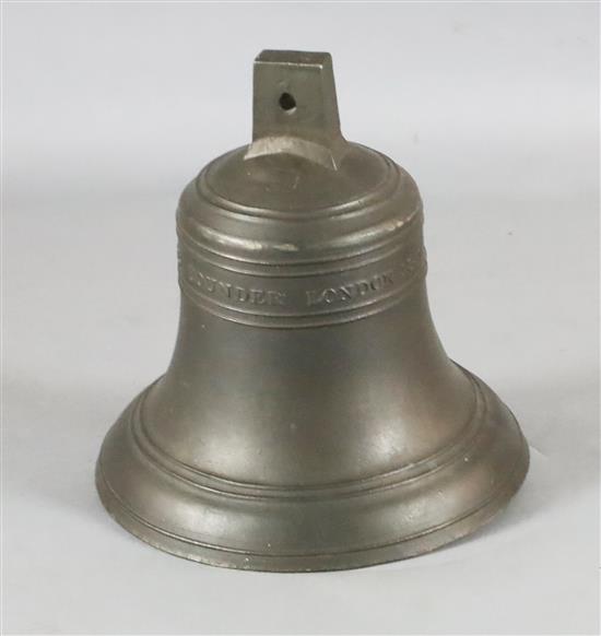 A 19th Century English cast bell with iron clapper, cast with Mears Founder London 1859, height 14in. diameter 14in.